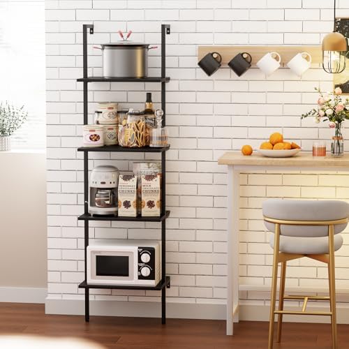 Ladder Shelf 4 Tiers Metal Industrial Bookshelf,Black Wooden Tall Open Storage Rack and Display Shelves,Wall Mount Wide 