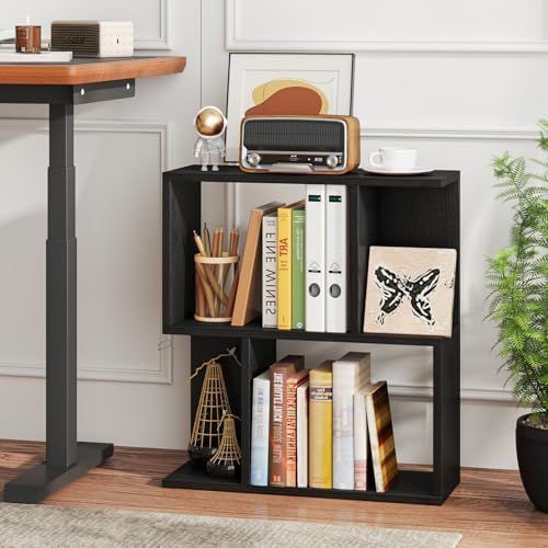 Tangkula 3 Tier Geometric Bookshelf, S Shaped Open Bookcase with Storage, Home Office Decor, Freestanding Wood Display S