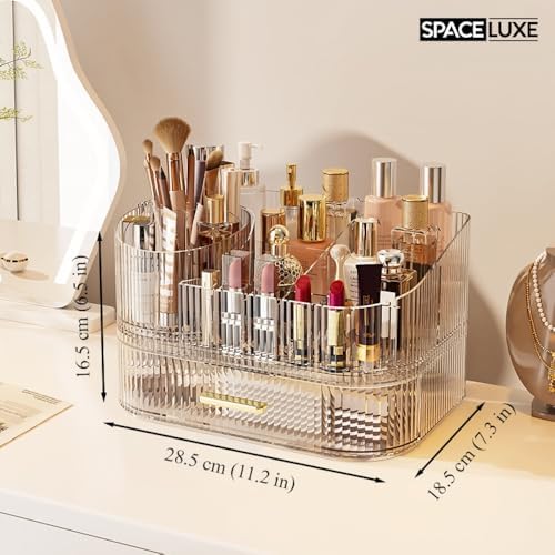 Makeup Organizer with Drawers, 360° Rotating Brush Holder