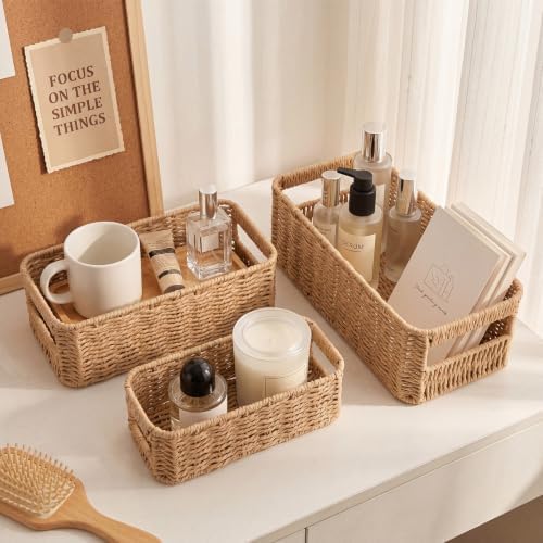 Domensi 3 Set Wicker Paper Rope Storage Baskets for Organizing,Natural