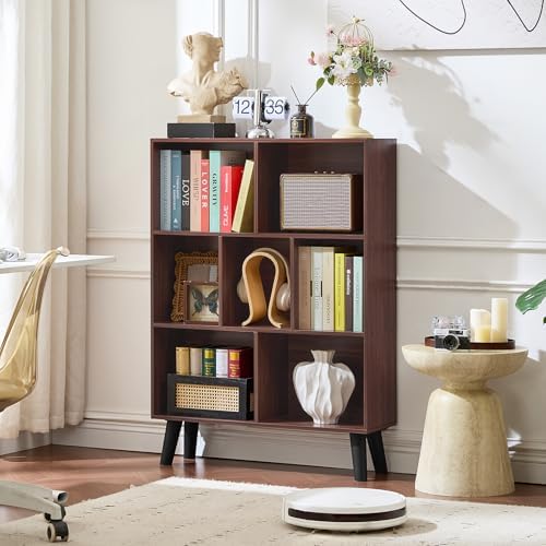 LEYAOYAO Cube Bookshelf, Mid-Century Modern Book Shelf with Legs, Walnut