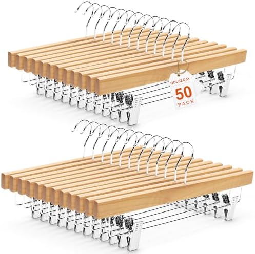 HOUSE DAY Wooden Pants Hangers with Clips, 50 Pack Skirt Hangers, Natural