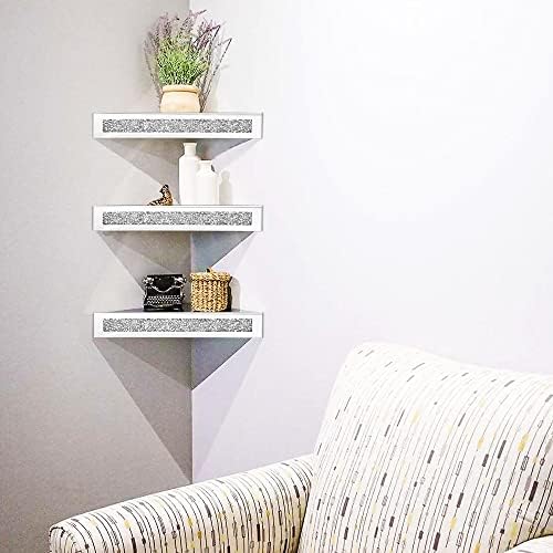 Royxen Corner Floating Shelves 2 Sets, Corner Shelf Wall Mounted Crushed Diamond, Corner Shelves Crystal Mirrored, Float
