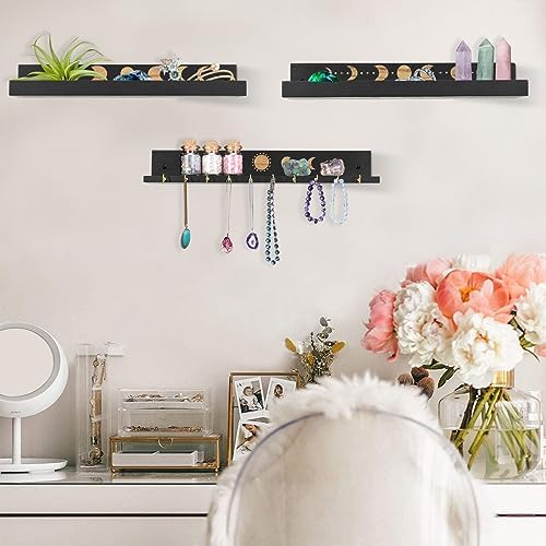 Crystal Shelf with Hooks Set of 3, Moon Shelf Display Wall Mount, Wood Floating Shelves for Celestial Decor and Room Dec