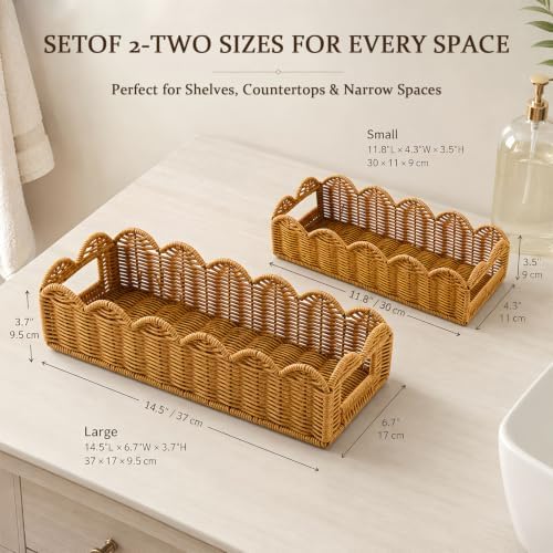 2-Piece Rattan Shelf Storage Baskets, Scalloped Edge Organizer