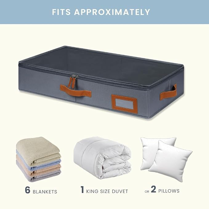 OrganiHaus Under Bed Storage Containers, Bedroom Storage and Organization Bins, Clothes Organizer for Closet with Clear Cover and Reinforced Handles - Set of 2 33x17x6 inches Gray