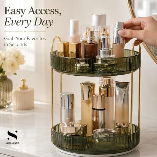 360° Rotating Makeup Organizer, 2 Tier Spinning Cosmetic Organizer for Vanity & Bathroom Countertop, Holds Tall Skincare