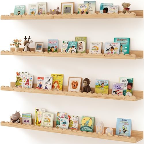 Shario Nursery Book Shelves, 4-Pack White Floating Shelves for Wall Kids, Scalloped Shelves, Wall Book Shelves for Bedro