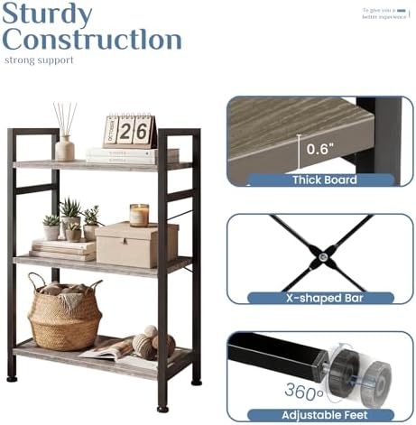 DUMOS 3 Tier Bookshelf, Home Office Bookcase Shelf Storage Organizer