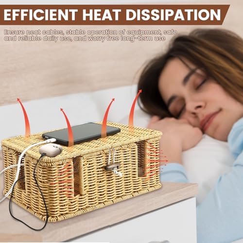 Handmade Cable Management Box, Imitation Rattan Cord Organizer Box with 2 Open Slots, Cable Organizer for Desk to Hide P