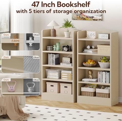 ALISENED 5-Tier Bookcase, Open Bookshelves and Bookcases with Storage Shelves, Floor Standing Unit, Display Storage Shel