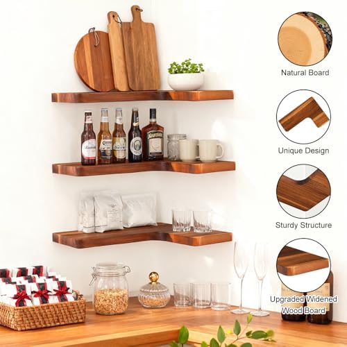 Floating Corner Shelves, Wall Shelf Set of 3, Shelves for Wall Storage, Solid Wood Shelves for Storage, Wall Mount Woode