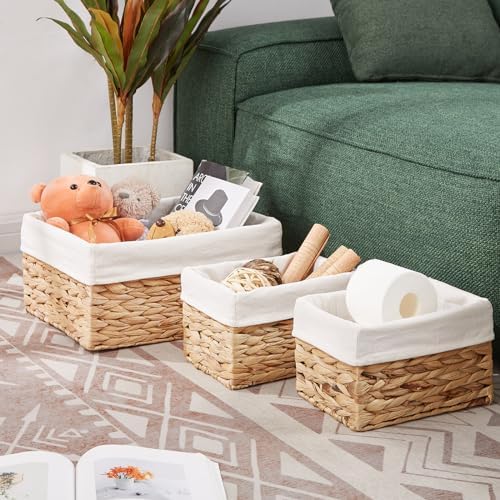 Vagusicc Wicker Basket, 3-Pack Water Hyacinth Wicker Storage Basket with Handles, Storage Baskets for Organizing, Large 