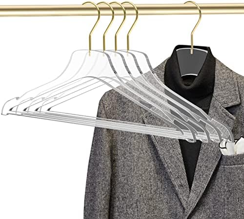 Quality Hangers Acrylic Clear Lucite Hangers - 5-Pack with Bar Matte Gold Hooks - Hangers for Clothes Like Pants Suits Jackets and Shirts - Closet and Wardrobe Organization