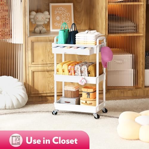 SUNALLY Makeup Cart Organizer with Drawer,3 Tier Rolling Makeup Cart, White