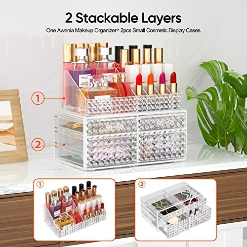 Awenia 2 Pack Makeup Organizer with Drawers[Upgraded]-Acrylic Make up Organizers and Storage Case for Cosmetics,Brush,Pe