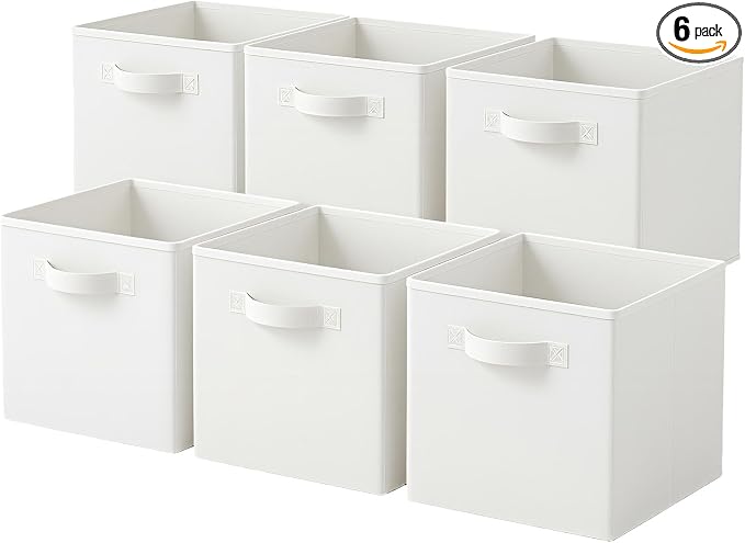 PowerKing Collapsible Storage Cubes with Handles, Fabric Foldable Bins for Closet Shelves, Durable Organization Storage Bins, 10.5'' x 11'' x 10.5'' (6Pack, White)