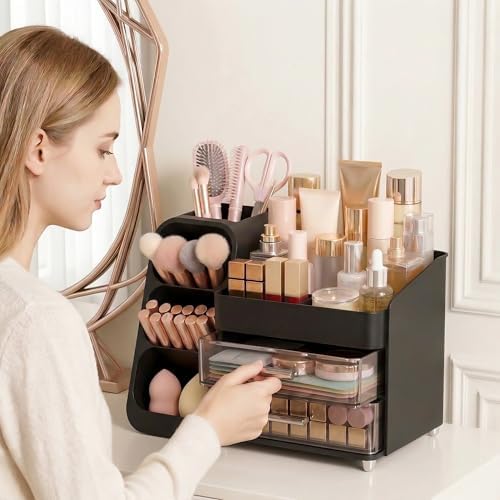 Large Capacity Makeup Organizer Countertop with Makeup Brush Holder for Vanity, Thickened Material, Bathroom Countertop 