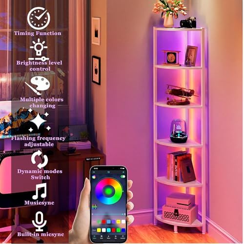 Corner Shelf with LED Lights, 6-Tier Corner Bookshelf, 66'' Organizer Book Shelf Shelves Steel Frame Display Stand with 