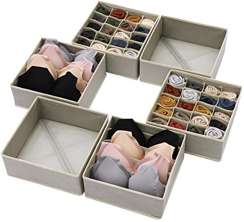 DIOMMELL Set of 6 Foldable Cloth Storage Box Closet Dresser Drawer Organizer Fabric Baskets Bins Containers Divider for Clothes Underwear Bras Socks Lingerie Clothing, Grey 22-2000