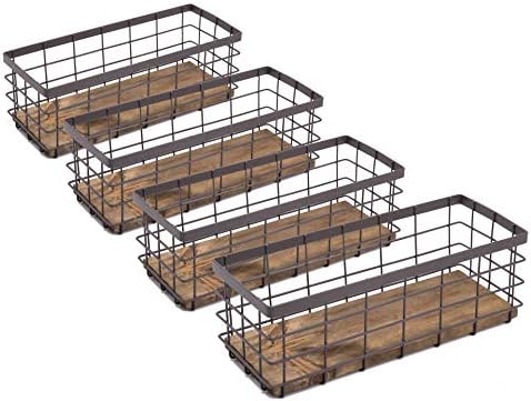 TIEYIPIN Small Metal Wire Storage Basket, Detachable Wood Base Storage Organizer Bin Basket for Kitchen Cabinets, Bathro