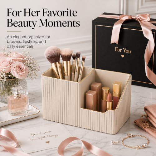 GORESE Leather Makeup Brush Holder with Lipstick Organizer, Beige