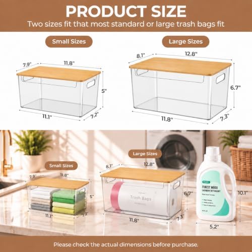 COAZEX 2 Pack Stackable Plastic Trash Bag Holder with Bamboo Lid Under Sink