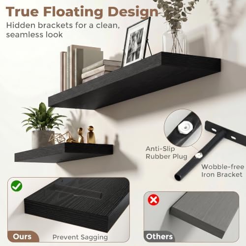 8 inch Deep Floating Shelves for Wall, 36" Wide, Black Finish, 2-Pack