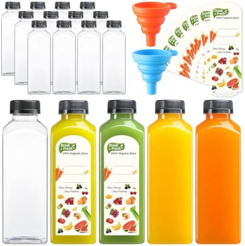 12 PACK, 16 OZ Reusable Thicker Plastic Juice Bottles with Caps, Leakproof