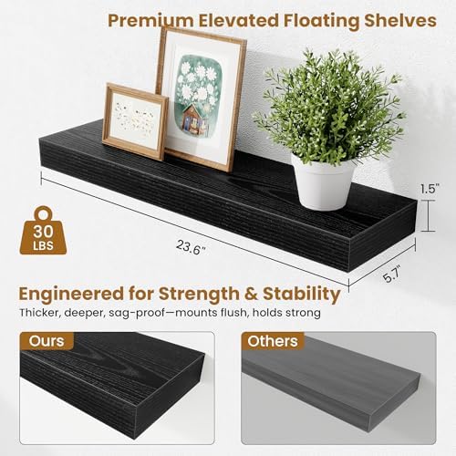 Fun Memories Floating Shelves Set of 2, 24 Inch Floating Shelves for Wall, Wood Wall Shelves with Invisible Brackets, fo