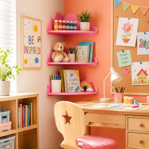 Cloud Corner Floating Shelves, Set of 3 Wall Mounted Shelves, Pink