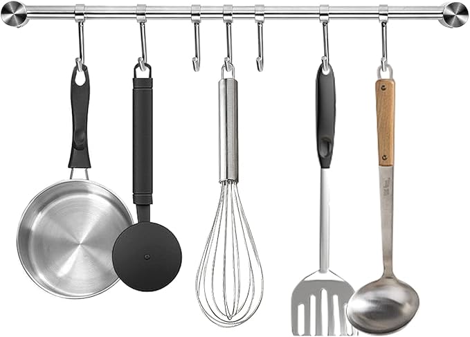 Audmore Kitchen Utensil Rack 1 PCS, 15.6” Pot & Pan Hanging Rack Wall Mount | 304 Stainless Steel Lid Cooking Utensil Hanger, 7 Sliding Hooks for Spatula Spoon, Measuring Cups, Coffee Mug, Space Saving