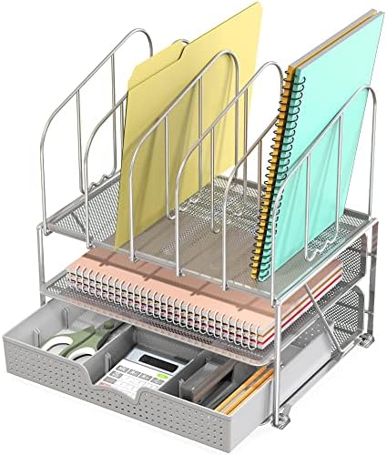 Deco Brothers Mesh Desk Organizer with Double Tray, 5 Upright Section, Gray