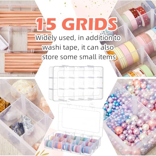 Leinuosen 3 Pack Clear Washi Tape Organizer Storage 15 Grids Plastic Organizer Box Adjustable Dividers for Jewelry, Wash