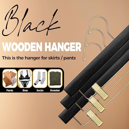 Quality Hangers Wooden Pants Hangers - Multi-Pack Swivel Hook Cloth Hanger Set - Lotus Wood Skirt, Pant, Shorts and Slack Hangers with Adjustable Clip – Clothing Hanger Set (120, Black - Gold Hook)