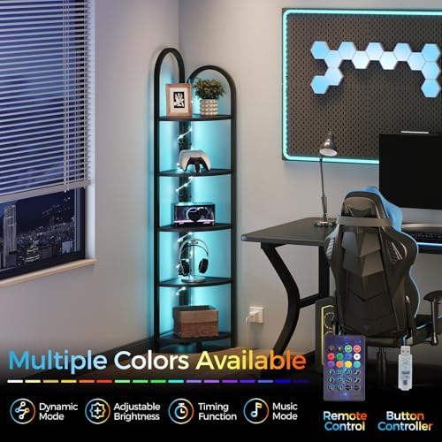 MAHANCRIS 5-Tier Corner Shelf with LED Light, 64.6'' Tall Corner Bookshelf, Narrow Storage Shelf with Metal Frame, for L