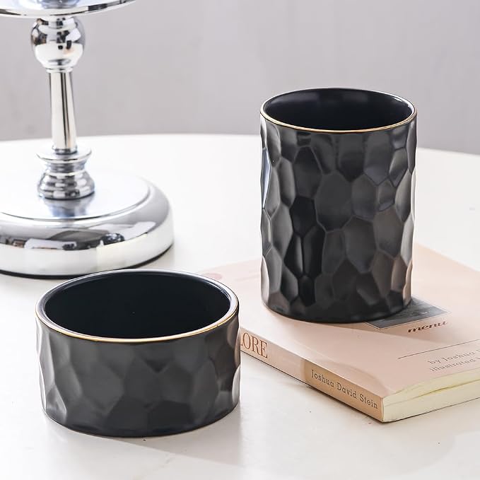 Aesthetic Desk Organizer Set of 2 For Office, Ceramic Pen Holder and Paper Clip Holder Dispenser, Cute Pencil Cup Pot for Desk, Desktop Accessories For Women Men, Office Decor Ideal Gifts (Black Set)