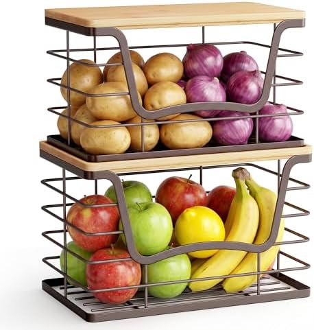 ALOCEO 2 Pack Stackable Wire Storage Basket with Bamboo Lid, Stainless Steel Extra Large Trash Bag Dispenser Roll Holder