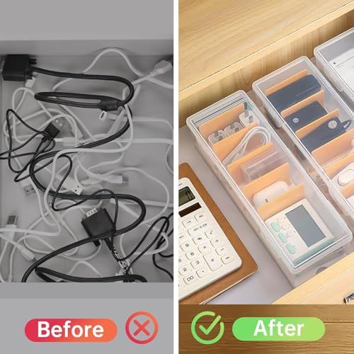 2 Pack Clear Cable Organizer Box with Lid, Plastic Charger Cable Cord Storage Organizer, Stackable Office Desk Organizer