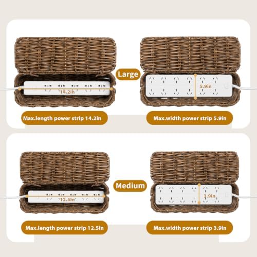 2 Pack Handwoven Cable Management Box with Lid, Decorative Cord Organizer for Power Strips, Chargers, TV Wires, Desk, Ho