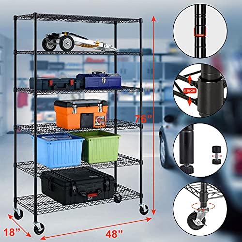 Storage Shelves 6000lbs Capacity, 6 Tier Metal Shelf on Casters 48" L×18" W×76" H Movable Heavy Duty Shelving Unit NSF W