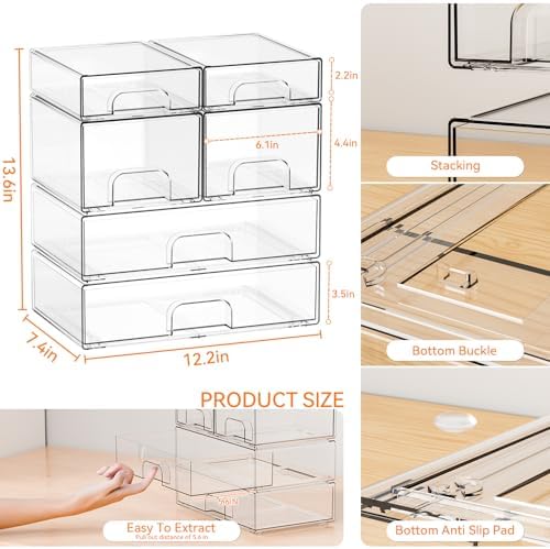 Yieach Clear Stackable Storage Drawers - Set of 6 - Acrylic Drawers,Bathroom Organizer Bin and Plastic Makeup Organizer,
