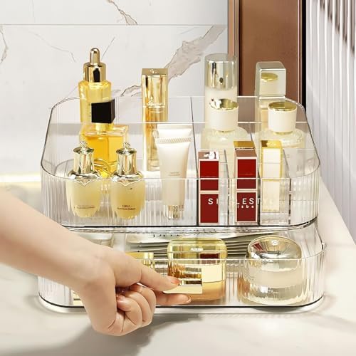 Clear Makeup Organizer for Vanity, Large Desk Organizer with Stackable Drawer for Cosmetics, Skincare, Lipsticks, Palett