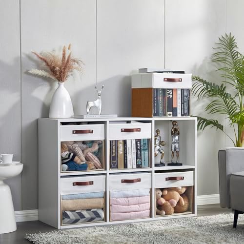 Bagnizer Storage Cubes, 4 Pack Linen Foldable Storage Bins (13 x 13 inch) with Clear Window and Handles, Fabric Organizer for Shelf Closet, Clothes, Books - (Brown and White)
