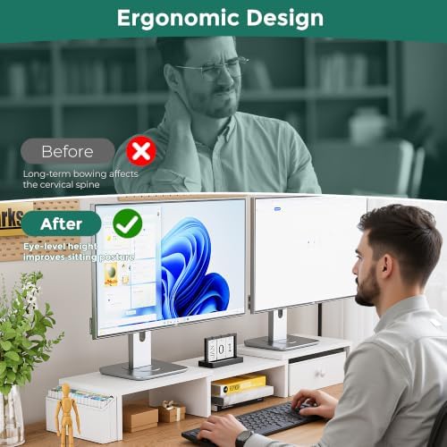 Dual Monitor Stand Riser, Adjustable Length & Swivel Angle Monitor Stand, Ergonomic Monitor Stand with Drawer & Side Poc