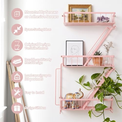 SweetSage Fire Escape Shelf - Pink Wall Decor Floating Shelves, Cute Metal Ladder Shelving for Bedroom, Home Decor Displ