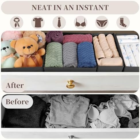 Drawer Organizer Clothes, 16 Pack Dresser Organizer Bins, Foldable Closet Organizers and Storage Fabric Dresser Bins, Shallow Drawer Dividers for Clothing, Underwears, Socks, Tie
