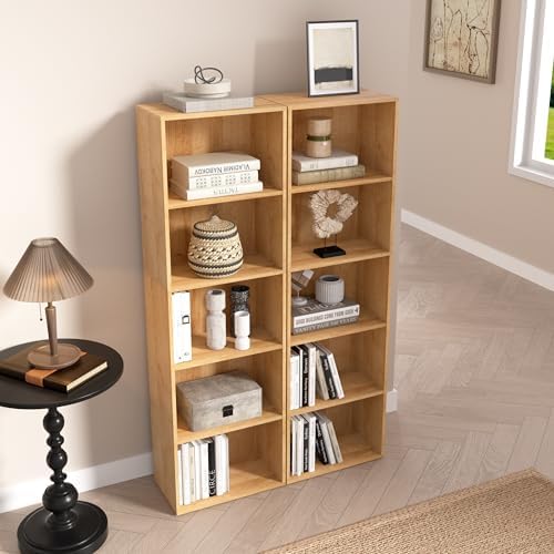 Wooden 5 Cube Storage Organizer, Oak 5 Tier Bookcase Bookshelf Freestanding Storage Display Organizer, Versatile Cubes O
