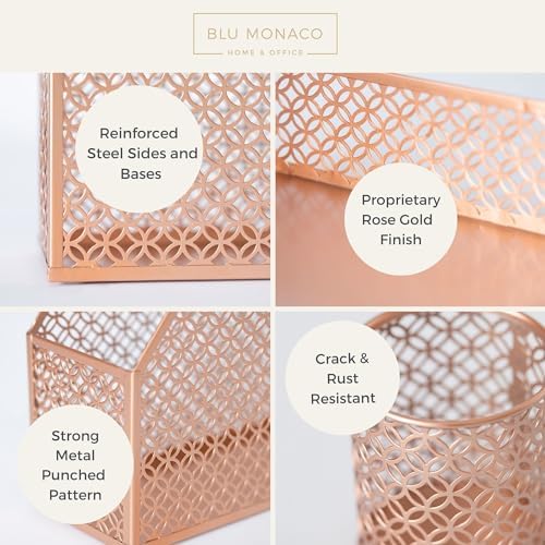 BLU MONACO | Rose Gold Desk Organizer Set | 6 Piece Metal Office Desk Organizer with Mail Sorter, Pen Cup, Sticky Note Holder, Magazine File, Card Holder, Paper Tray | Desk Organizers and Accessories