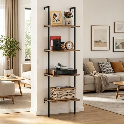 Wolawu Ladder Shelf 4 Tiers Metal Industrial Bookshelf,Brown Wood Tall Open Storage Rack and Display Shelves,Wall Mount 